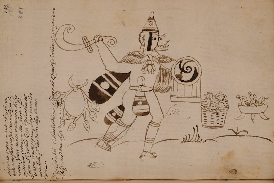 “Ídolo de los Chololtecas llamado Quetzalcohuatl”. A la altura del rostro de la figura se escribió “amarillo” y junto a la rodilla: tlitic. Foto Cortesía Fondo de Cultura Económica /INAH