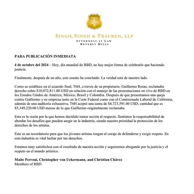 El comunicado aparece firmado por Maite Perroni, Christopher von Uckermann y Christian Chávez.