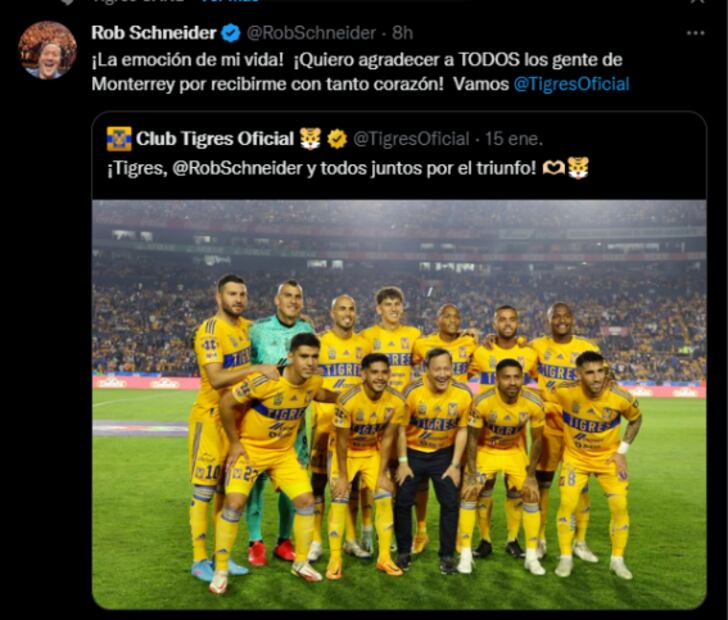 Rob Schneider y su mensaje tras visitar a los Tigres en el Volcán: "¡La emoción de mi vida!"