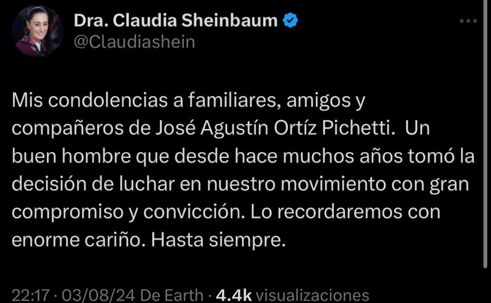 Claudia Sheinbaum reportó el hecho y lamentó la muerte de José Agustín Ortiz Pinchetti. Foto tomada de X