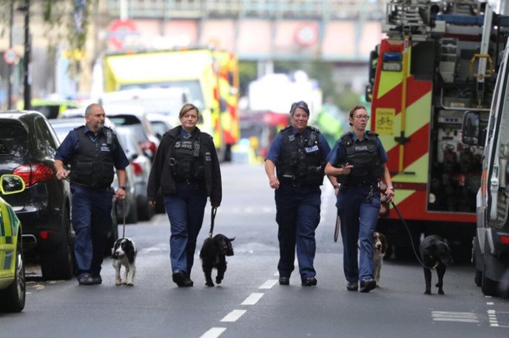 Police officers walk with dogs after an incident at Parsons Green underground station in London – Photo: Luke MacGregor/REUTERS