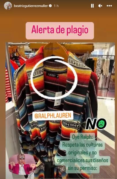 Beatriz Gutiérrez Müller denuncia plagio de Ralph Lauren al sarape de Contla y Saltillo