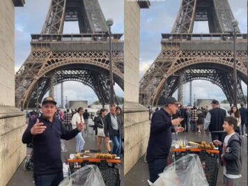 Al grito de ¡maíz, maíz! vendedor ofrece elotes frente a la Torre Eiffel 