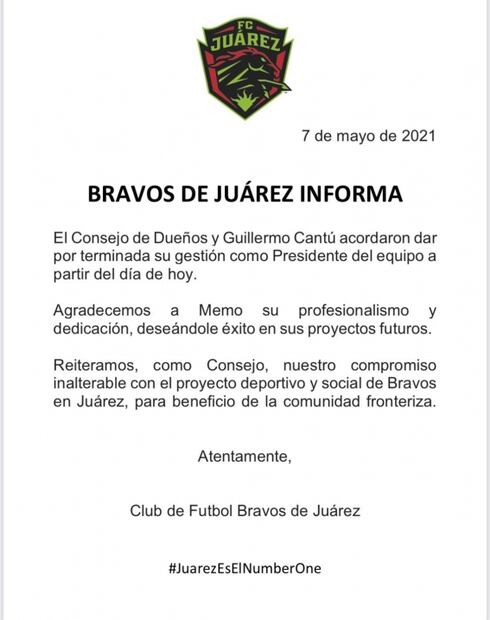 Guillermo Cantú deja de ser el presidente de Bravos de Juárez