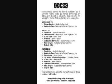 Tras sismo, suspenden espectáculos en la Ciudad de México