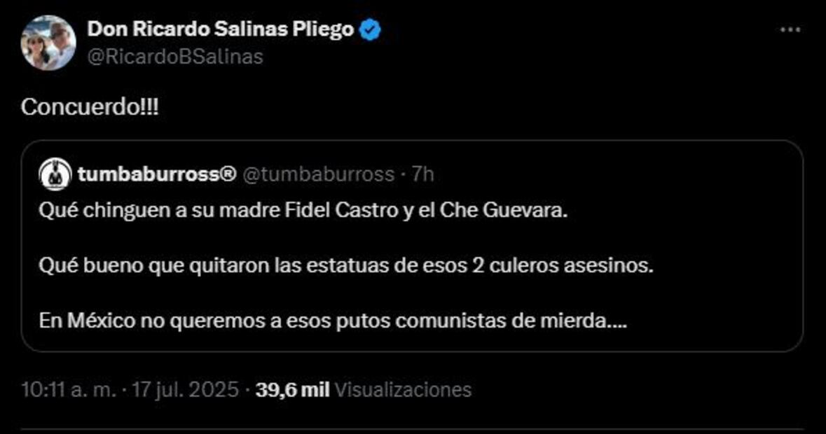 Salinas Pliego expresó su opinión tras la remoción de las estatuas de Fidel Castro y el “Che” en la colonia Tabacalera. Foto: Captura de pantalla