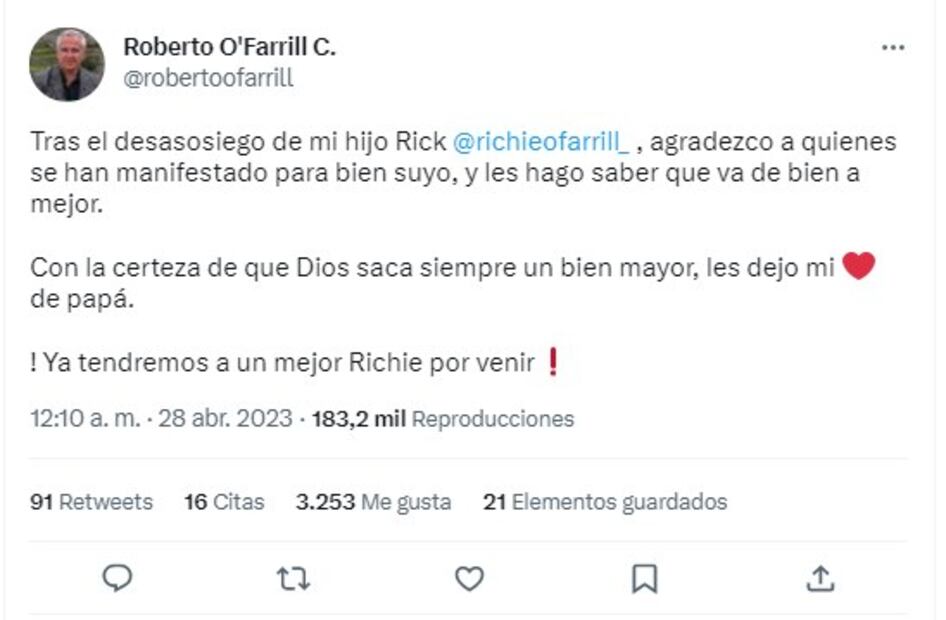 Papá de Ricardo O'Farril le dedica mensaje