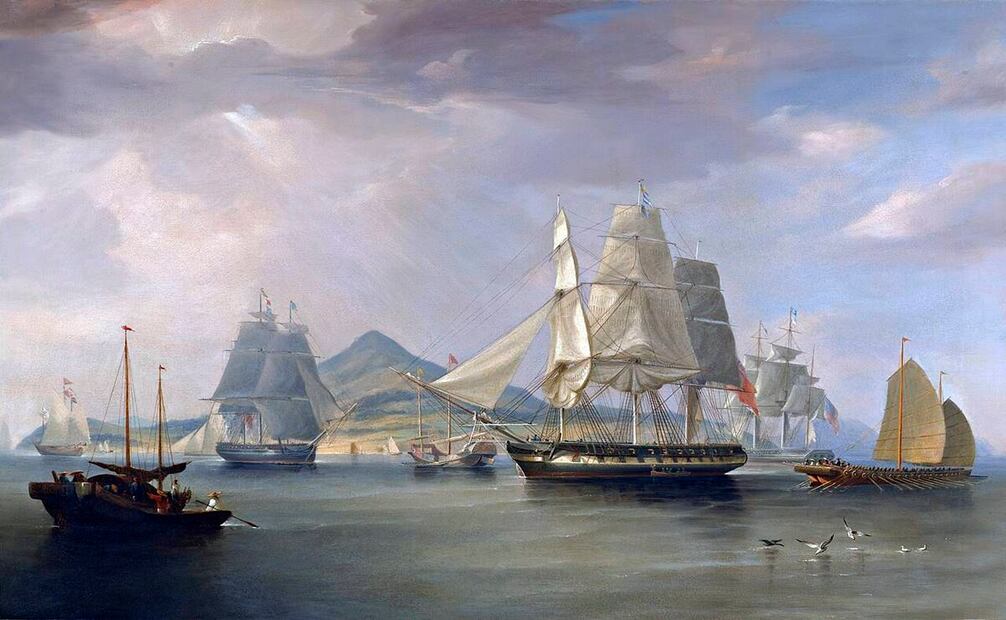 Este es el tipo de navíos en que los británicos hacían viajes a través del mundo durante los 1820s, en este caso usados para transportar opio desde el Lejano Oriente. Wikimedia Commons.