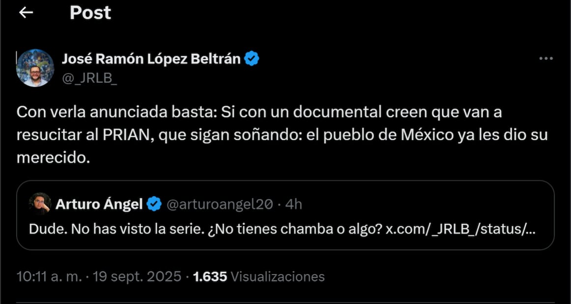 Publicación en X de José Ramón López Beltrán, hijo de AMLO. Foto: captura de pantalla