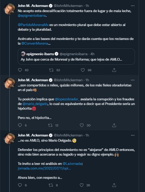 Ackerman invita a Epigmenio "a serenarse”; chocan en redes por elecciones internas de Morena 