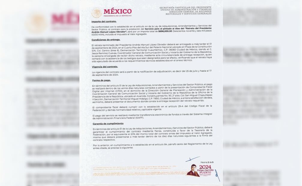 En el contrato se indica que el retrato del presidente Andrés Manuel López Obrador deberá ser entregado el 1 de septiembre de este año a Jesús Ramírez Cuevas, coordinador general de Comunicación Social y vocero del gobierno de la República. Además, se precisa que el artista cede a la Presidencia los derechos patrimoniales, y esta dependencia será la única que podrá reproducir y explotar dicha obra artística por cualquier medio Foto: Especial