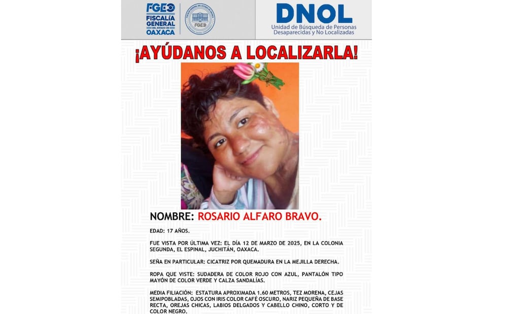 Ficha de búsqueda de Rosario Alfaro Bravo, quien en 2022 fue vendida por 500 pesos y un guajolote en Oaxaca (24/03/2025). Foto: Especial