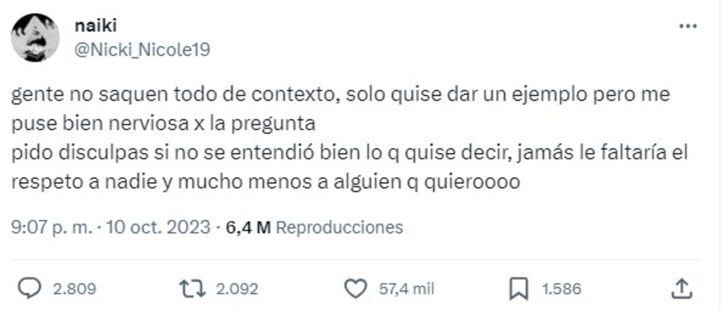 Nicki Nicole se disculpó con los fans de Peso Pluma. Foto: Twitter @Nicki_Nicole19