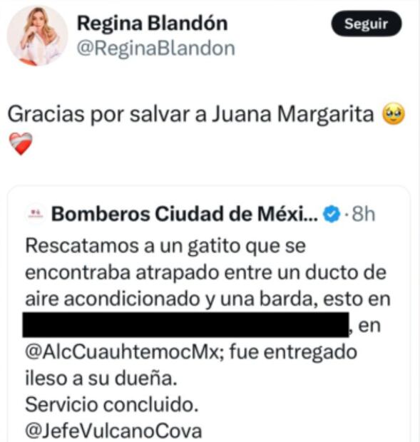 Bomberos de la CDMX, hicieron una publicación con datos personales de la actriz. Foto: Redes Sociales