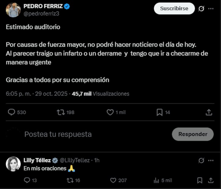 El periodista mexicano Pedro Ferriz Hijar sorprendió esta noche a sus seguidores en redes sociales con esta publicación. Foto: 'X'