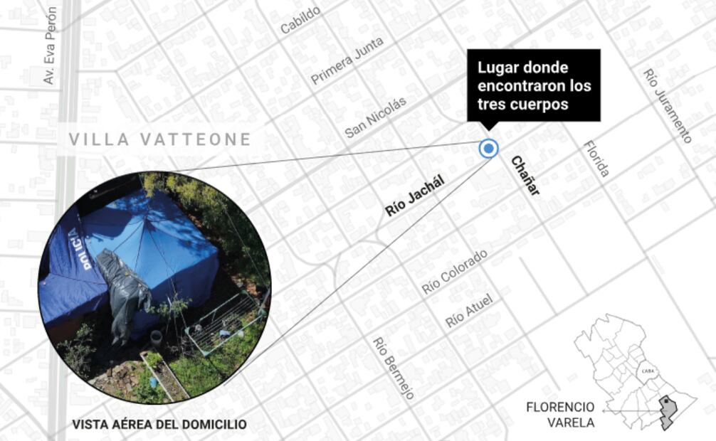 Vista y ubicación del domicilio donde fueron encontrados los cuerpos de las víctimas. (25/09/25) Foto: La Nación