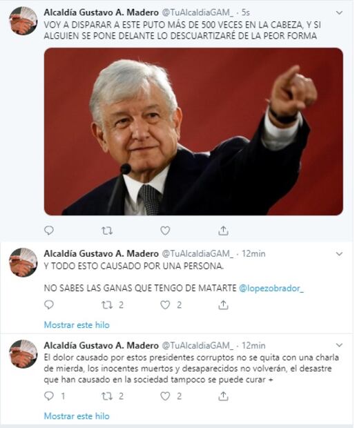 Desde cuenta de alcaldía de GAM amenazan a AMLO