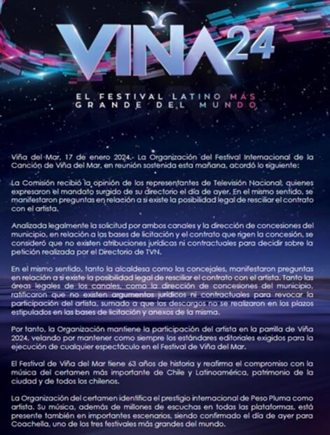 Este es el comunicado con el que los organizadores confirmaron la presencia del mexicano en el festival. Foto: Festival Viña del Mar
