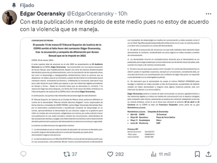 Edgar Oceransky publicó que dejará de utilizar su cuenta de X.
Foto: X
