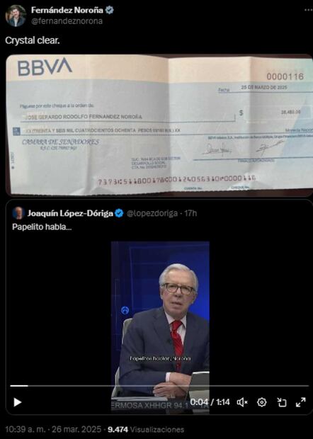 El presidente del Senado, Gerardo Fernández Noroña, compartió un cheque de lo que gastó en su vuelo a Francia. Foto: Captura de pantalla tomada de la cuenta de X de @fernandeznorona.