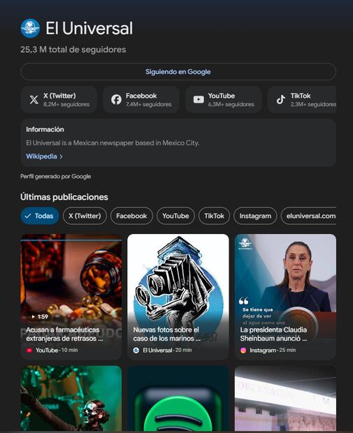 Perfil de EL UNIVERSAL en Google | Foto: captura de pantalla