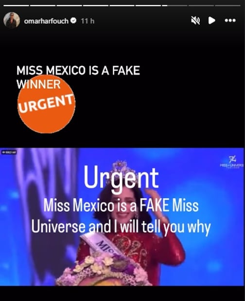 Omar Harfouch comparte en su cuenta de Instagram que Fátima Bosch, Miss México, es una "falsa ganadora" de Miss Universo.