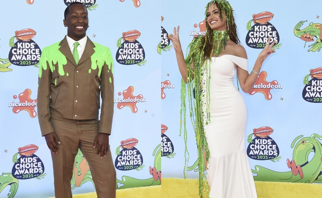 El youtuber Markell Washington y la influencer Haley Kalil fueron los primeros en desfilar por la alfombra naranja de los Kids' Choice Awards 2025. Fotos: AFP y AP