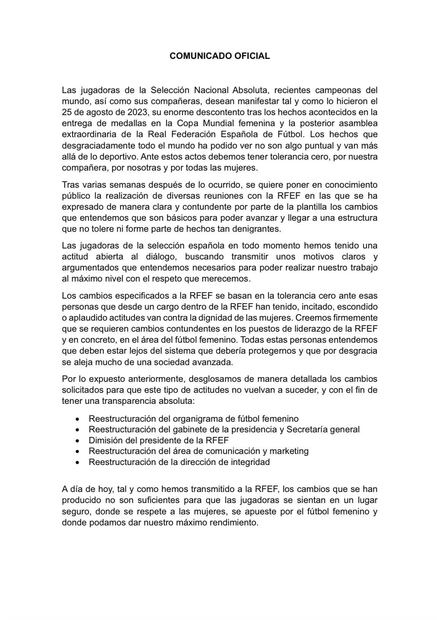Comunicado jugadoras de la Selección Española / FOTO: @PressPortmx