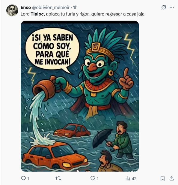 Los mejores memes que dejó la lluvia de este domingo 10 de agosto, usuarios hacen reclamo a Tláloc. Foto: Captura de pantalla