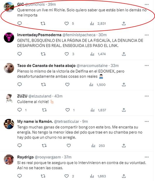 Comentarios en el comunicado de la familia acerca de la supuesta desaparición de Ricardo. Foto: Captura de Twitter @richieofarrill_