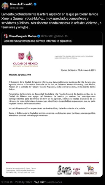 Marcelo Ebrard, titular de Economía, lamentó el asesinato de Ximena Guzmán y José Muñoz. Foto: Captura de pantalla de la cuenta de X de @m_ebrard