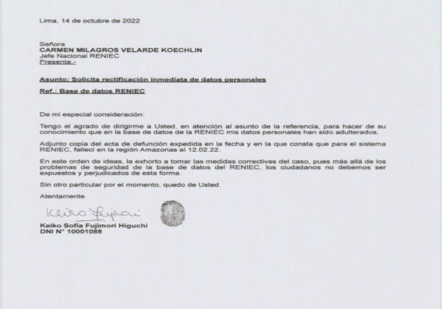 Keiko Fujimori denuncia que aparece como fallecida en censo oficial peruano