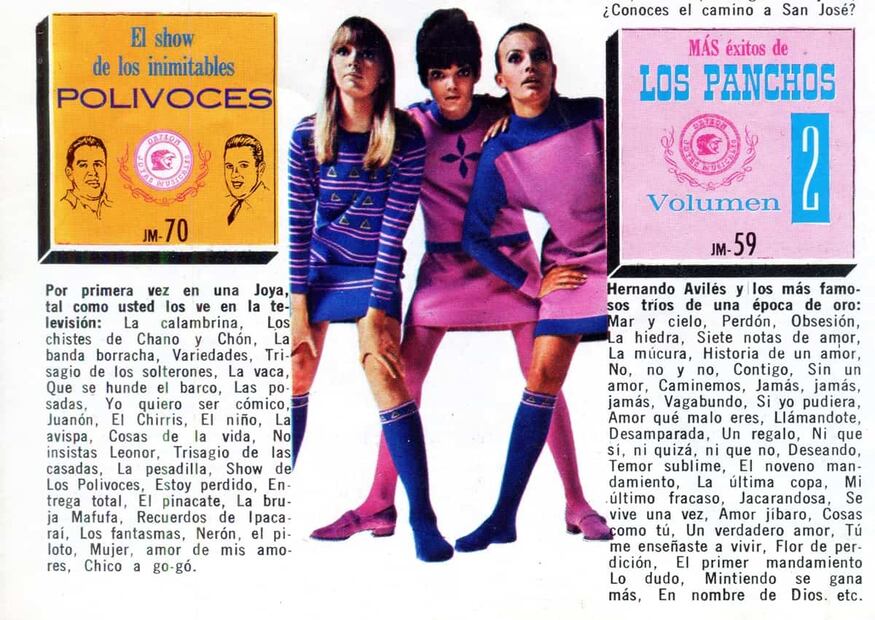 Jóvenes modelos a go-gó de Discos Orfeón aparecen en el catálogo promocional de la marca junto a los discos de “Los polivoces” y “Los Panchos” en 1968. Foto: Colección Villasana