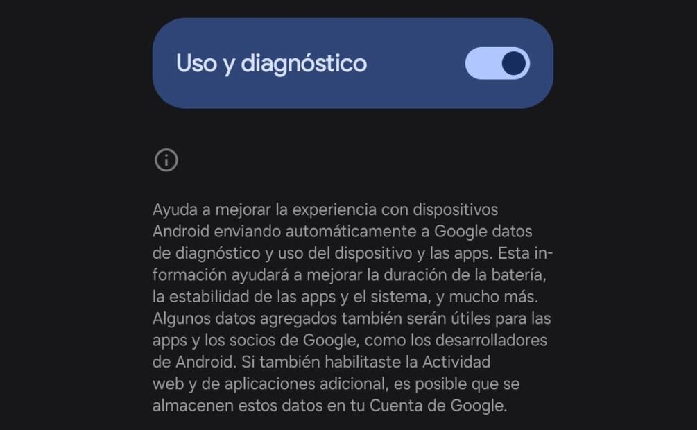 Los registros del celular pueden ser configurados en la sección de "Uso y diagnóstico" del dispositivo. Foto: Captura de pantalla