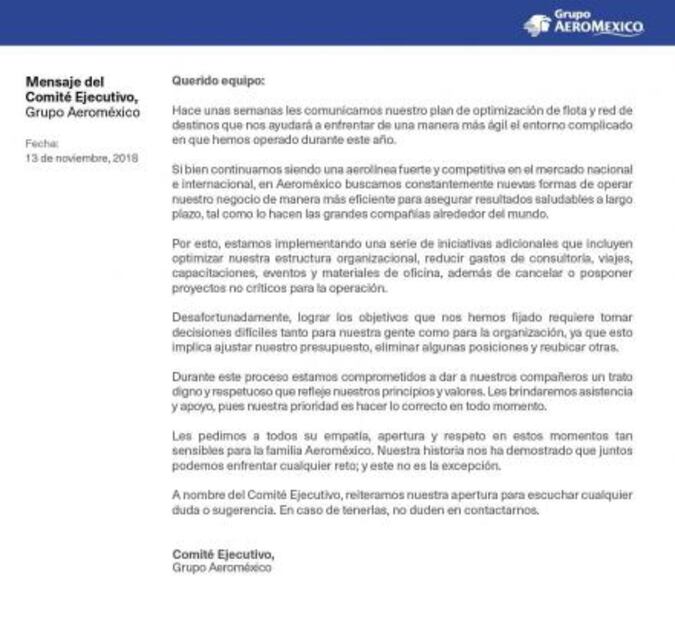 Aeroméxico advierte a empleados ajustes para "optimizar estructura”