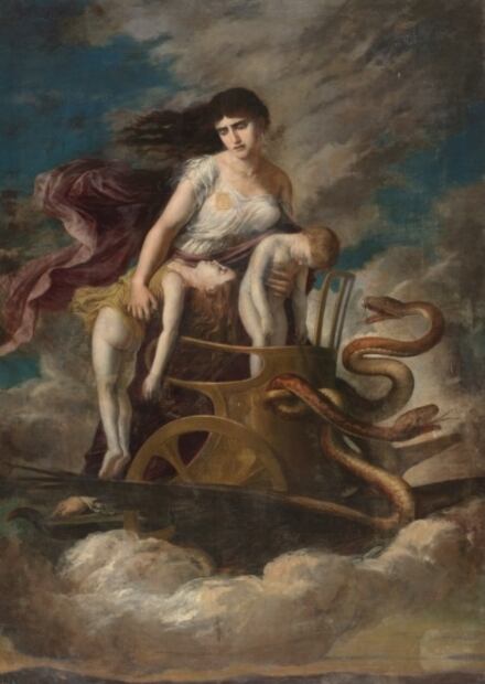 Medea y la tragedia de las madres asesinas. Imagen de "Medea con los hijos muertos, huye de Corinto en un carro tirado por dragones", propiedad y cortesía del Museo del Prado
