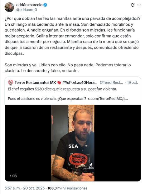El comediante Adrián Marcelo expresó su postura acerca de las disculpas ofrecidas por el chef Javier García, del restaurante Mesa Criolla. Foto: Captura de pantalla @adrianm10