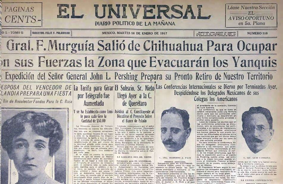 Plana de EL UNIVERSAL, de 1917, donde se lee que el General F. Murguía había salido de Chihuahua para ocupar con sus fuerzas la zona que evacuarían los soldados norteamericanos. Hemeroteca EL UNIVERSAL.