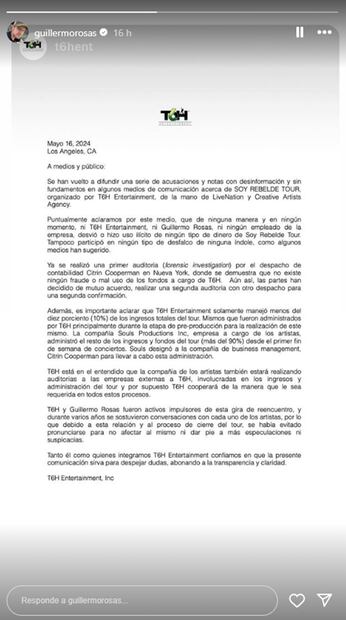 Comunicado de Guillermo Rosas, exrepresentante de RBD, publicado anoche, lunes 20 de mayo.
Foto: Instagram