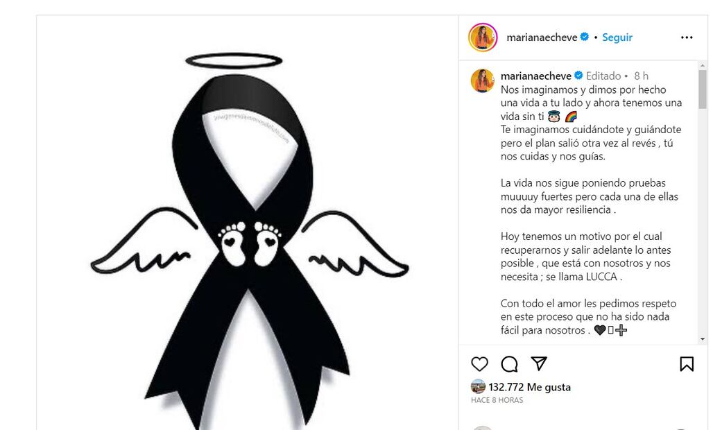 Mariana Echeverría se despide de su bebé arcoíris. Foto: Instagram