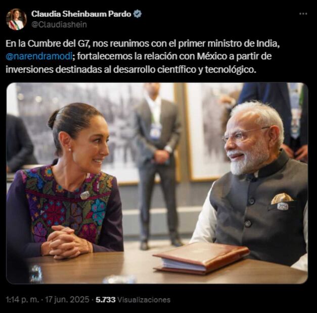 La presidenta Claudia Sheinbaum dio a conocer su reunión con el primer ministro de la India, Narendra Modi. Foto: Captura de pantalla de la cuenta de X de @Claudiashein