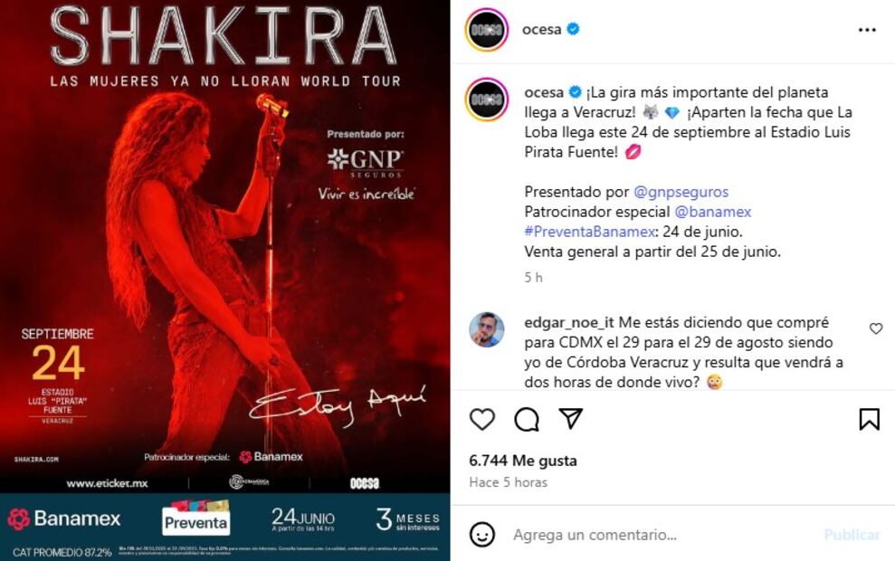 Shakira suma 12 shows en el Estadio GNP y confirma nueva fecha. Foto: @ocesa