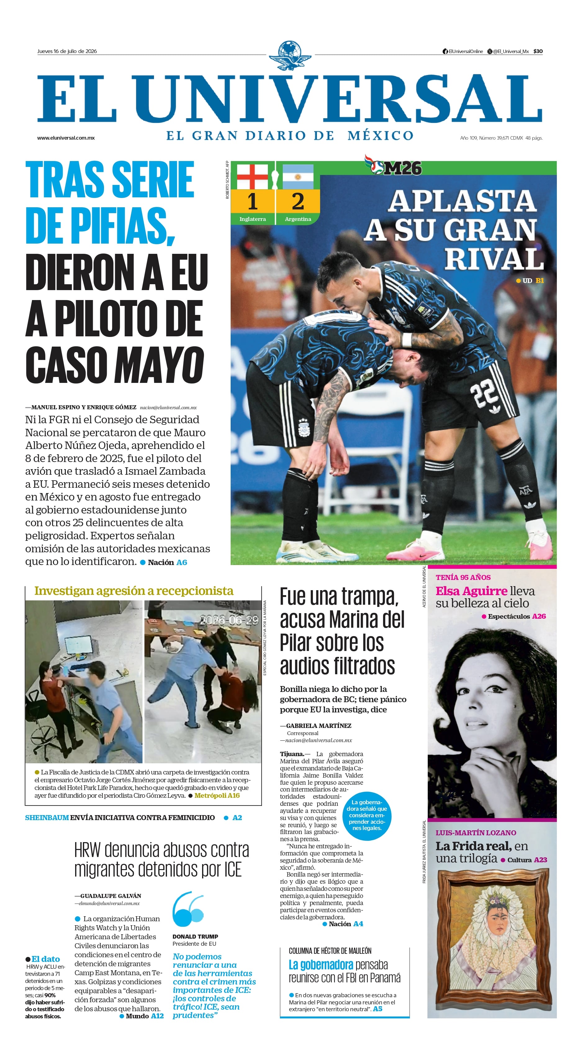 Portada impresa del 16 de julio