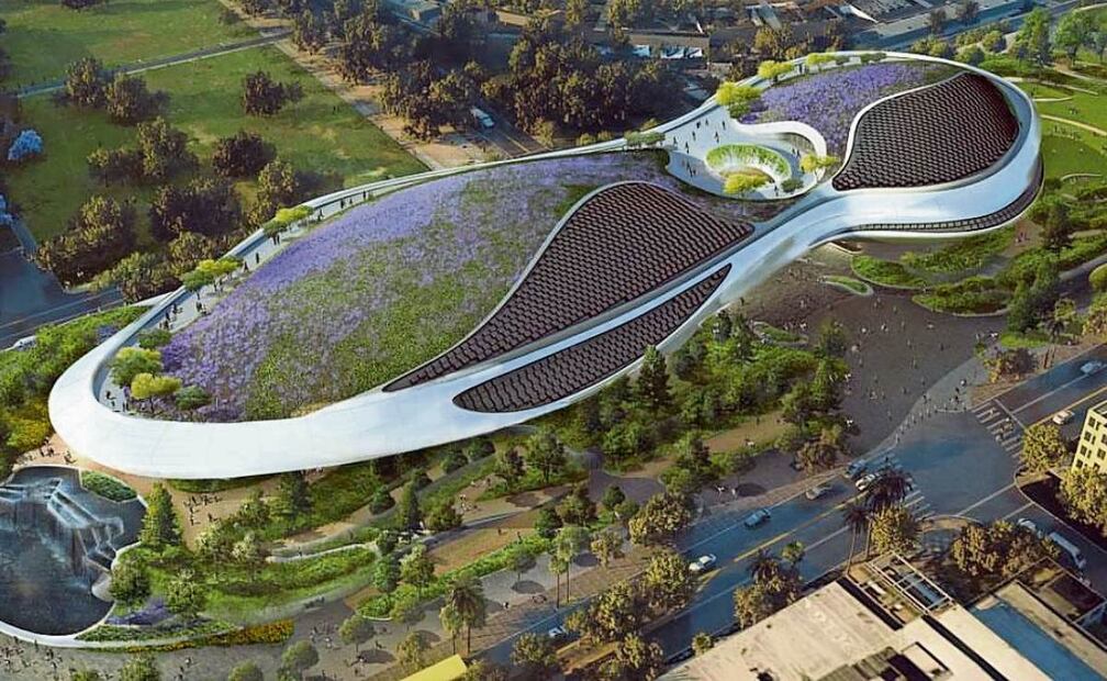El museo, que abrirá en 2026, asemeja a una nave y estará ubicado en la ciudad de Los Ángeles, al lado de la Universidad de California. Foto: AP