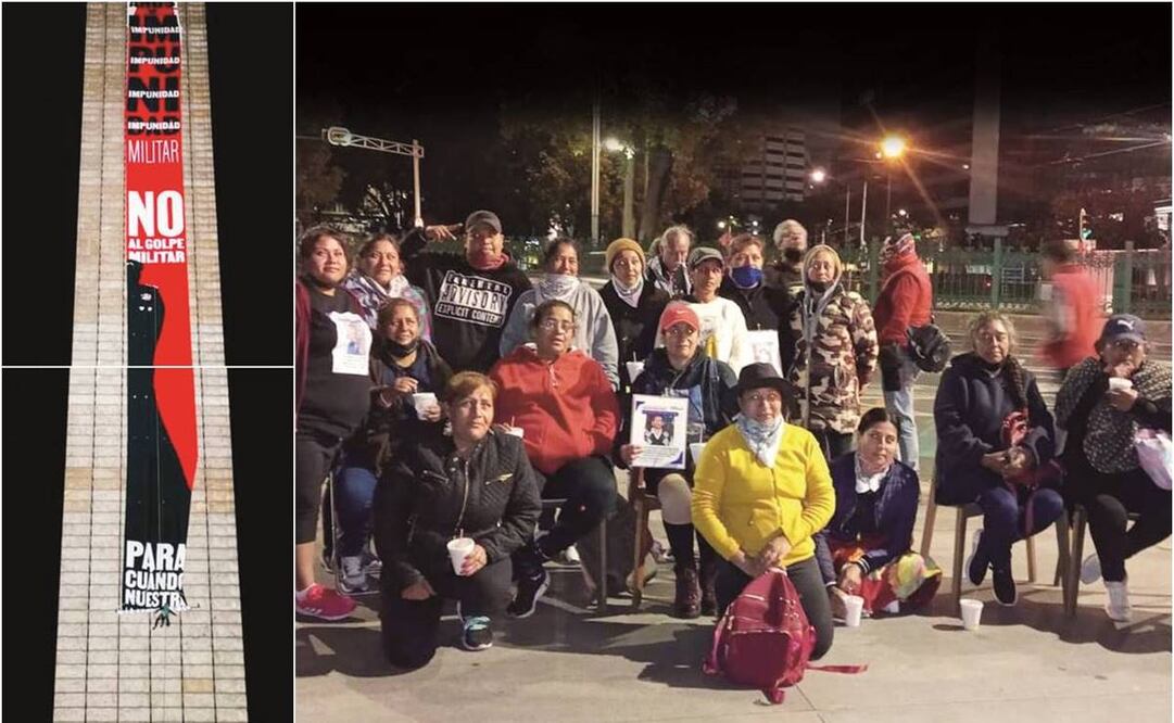 La colocación de la manta con una consigna de protesta llevó un año de planeación, explicaron integrantes del colectivo Hasta Encontrarte. Fue desplegada al mismo tiempo que el Grito de Independencia. Foto: Especial