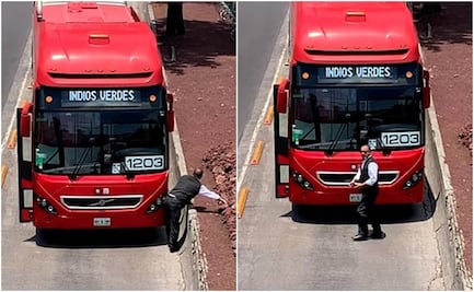 Captan a conductor de Metrobús L1 bajar por una piedra en plena avenida Insurgentes