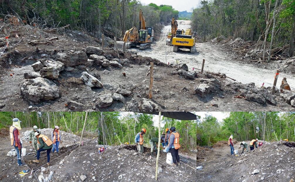 El retraso en las labores en el Tramo 7 del Tren Maya obligó a que personal del Ejército fungiera como “p eo n es” y que ayudara con el salvamento de piezas arqueológicas;
así lo documentó el antropólogo Juan Manuel Sandoval, quien cuenta que pudieron observar a militares manipulando “cubetas y moviendo piedras”. Fotos: Juan Manuel Sandoval / EL UNIVERSAL