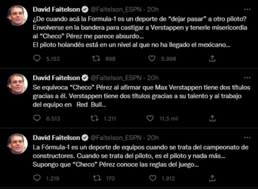 David Faitelson le da la razón a Max Verstappen y asegura que Checo Pérez se equivoca