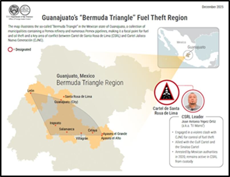 El "triángulo de las Bermudas", como se conoce a la zona donde se registra robo de combustible en Guanajuato. FOTO: DEPARTAMENTO DEL TESORO DE EU