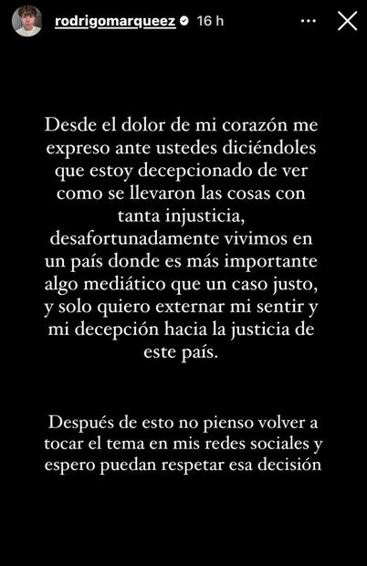 Estas fueron las palabras del hermano de Fofo Márquez, ante le dictamen del juez. Foto: Instagram @rodrigomarqueez